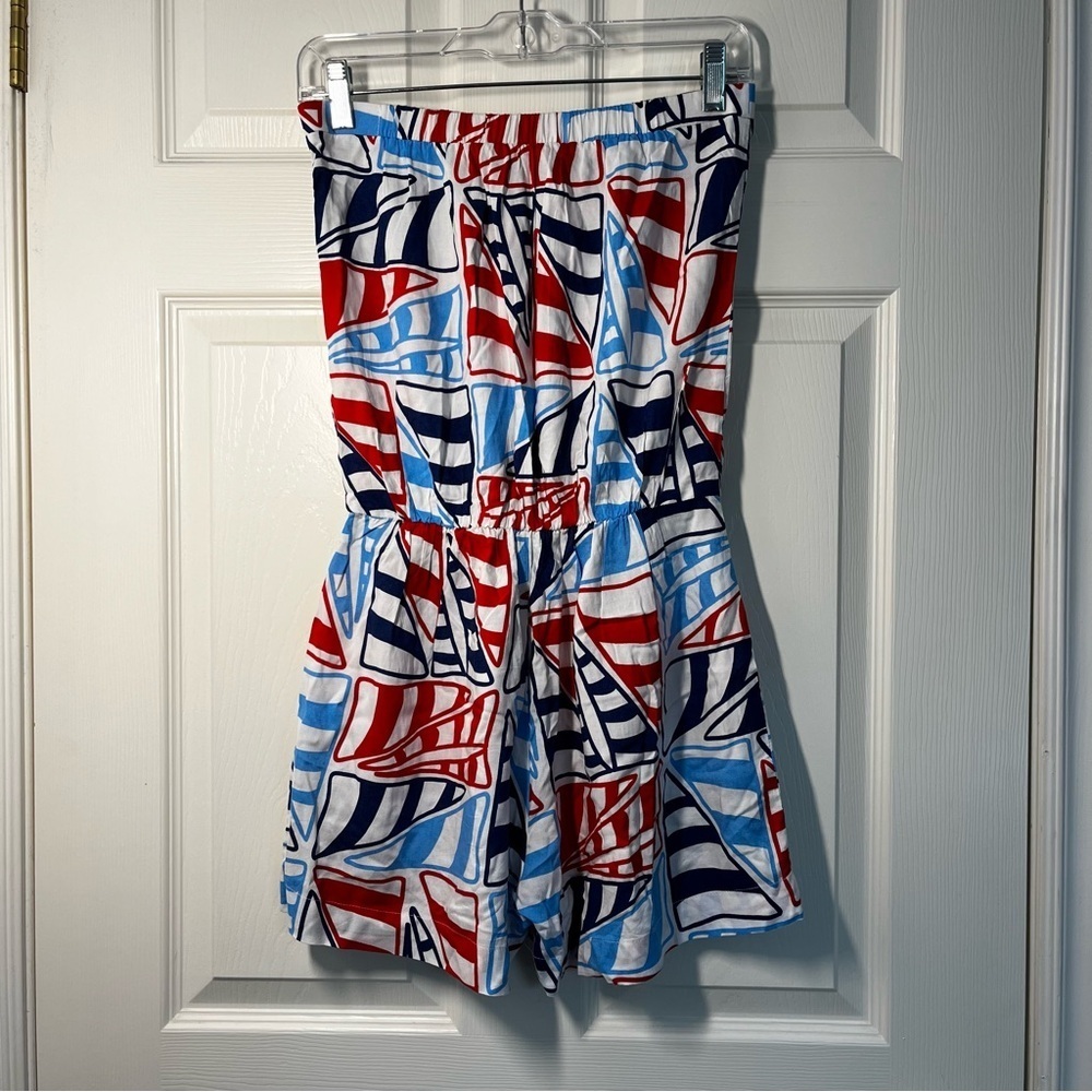 ESCAPADA Red and Blue Geometric Strapless Romper Size Small - Picture 2 of 6